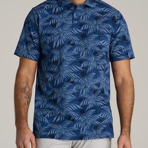 American Tall Cotton Stretch Print Polo Shirt for Tall Men in Blue Palm Size LL